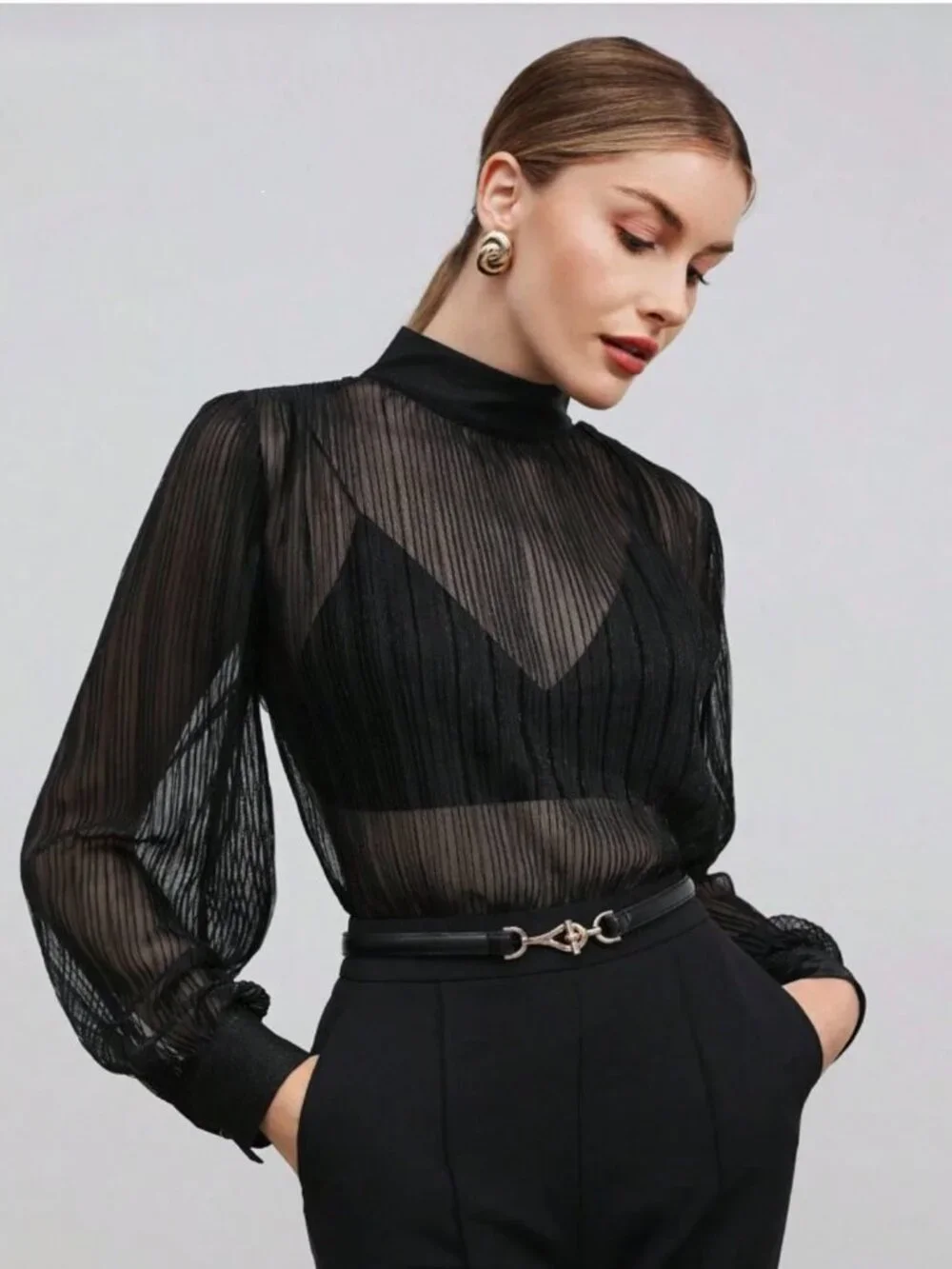 Sheer Black and Metallic Silver Pinstriped Blouse - Corporate Goth, Minimalist - Picture 6 of 8